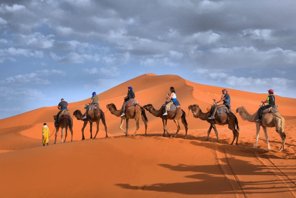 Merzouga: camel riding on the dunes of Erg Chebbi at sunset